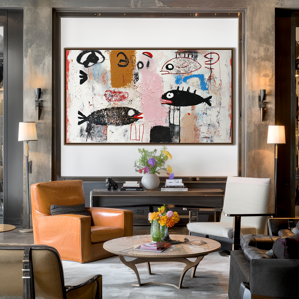 Whispers of the Sea — Abstract Fish Naive Art Oil Painting, Textured Primitive Wall Art