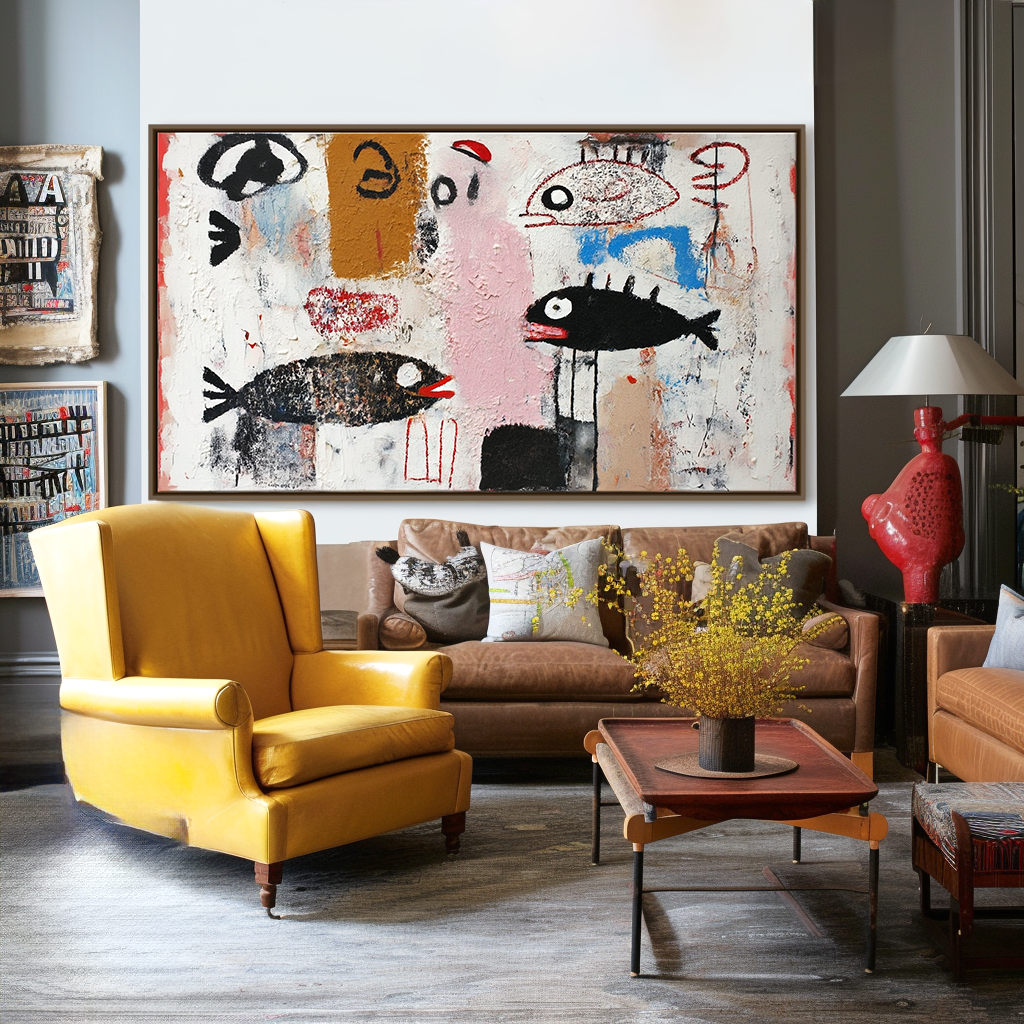 Whispers of the Sea — Abstract Fish Naive Art Oil Painting, Textured Primitive Wall Art