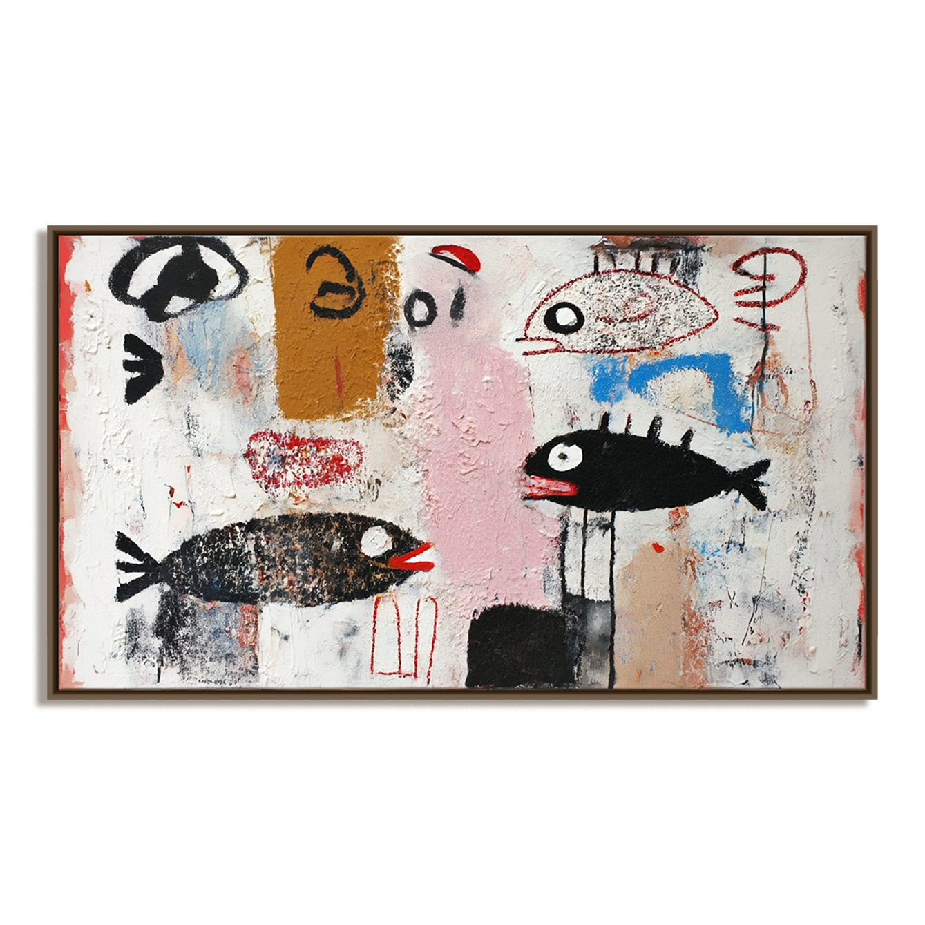 Whispers of the Sea — Abstract Fish Naive Art Oil Painting, Textured Primitive Wall Art