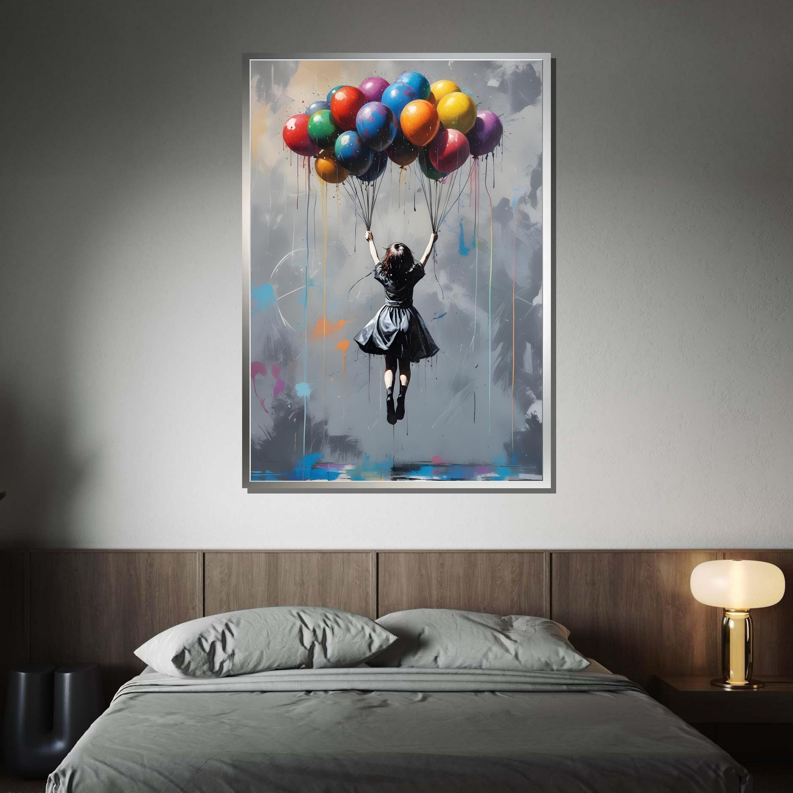 Lifted Dreams — Graffiti Balloon Girl Oil Painting, Street Art Canvas Wall Art