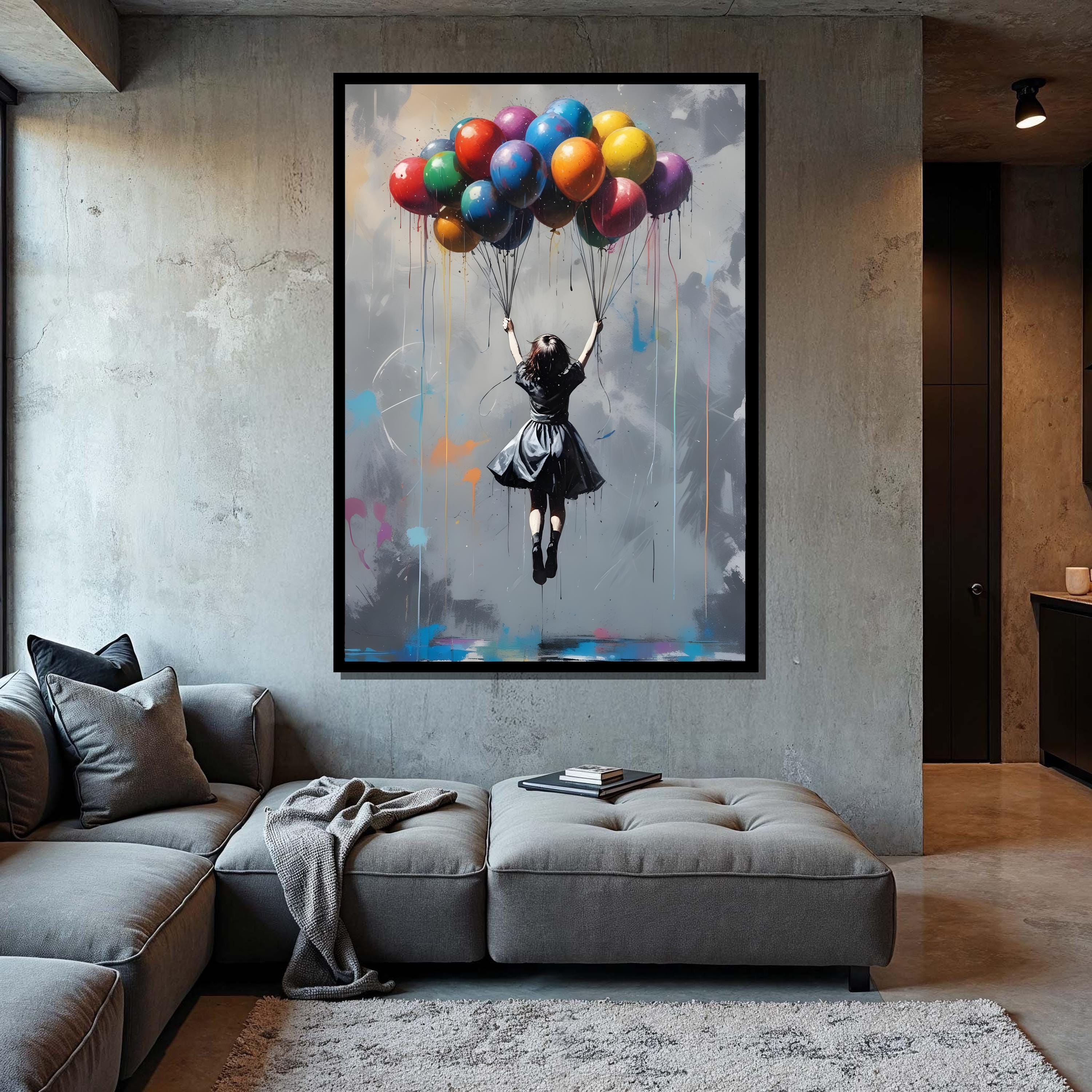 Lifted Dreams — Graffiti Balloon Girl Oil Painting, Street Art Canvas Wall Art