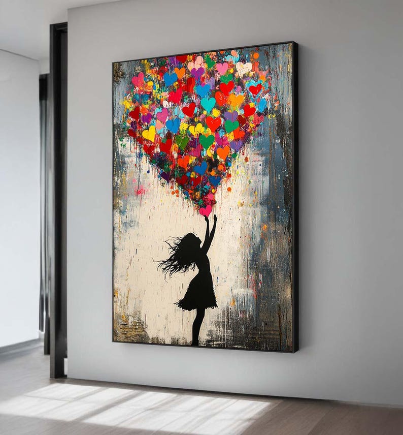 Love Lift — Graffiti Heart Balloon Girl Oil Painting, Street Pop Wall Art