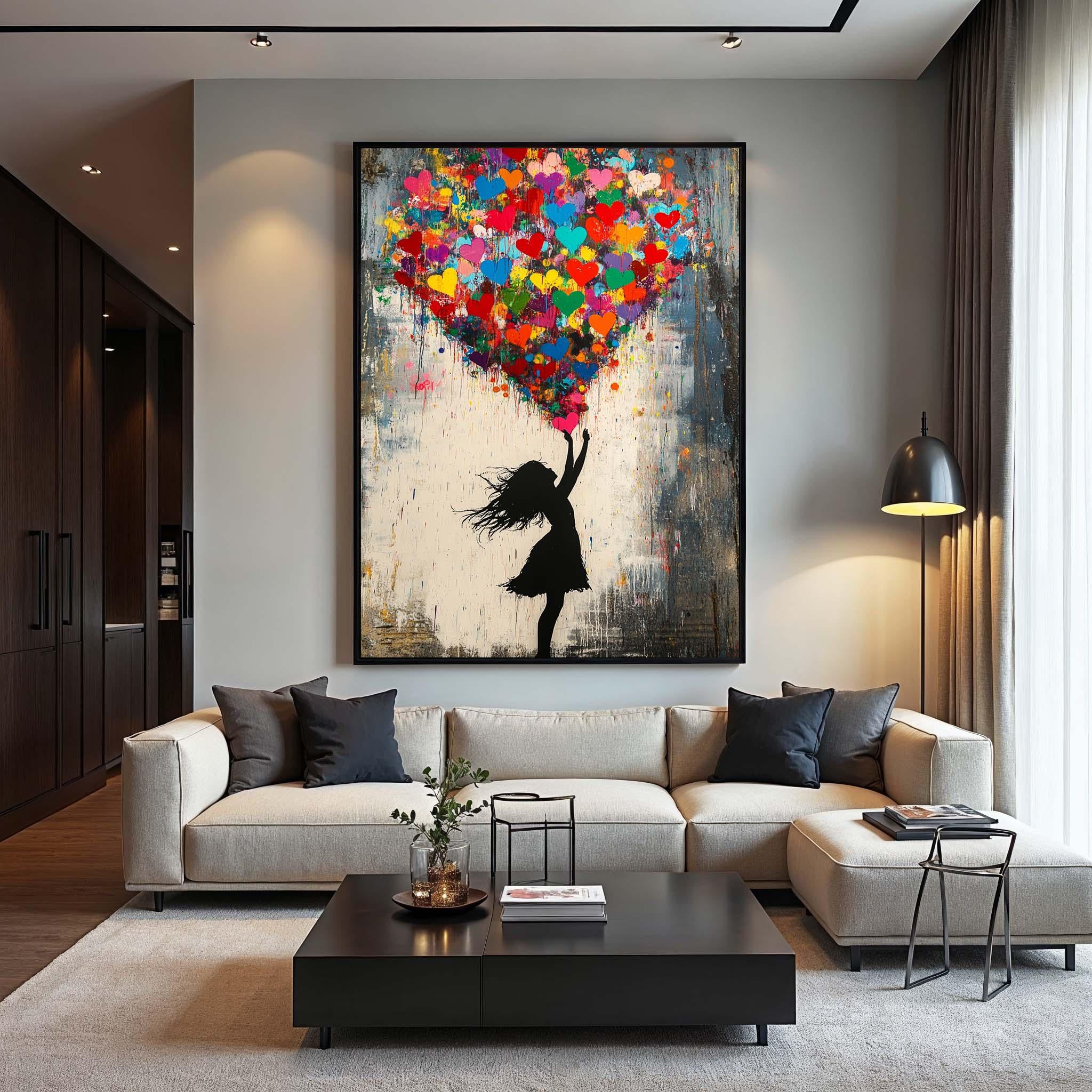 Love Lift — Graffiti Heart Balloon Girl Oil Painting, Street Pop Wall Art