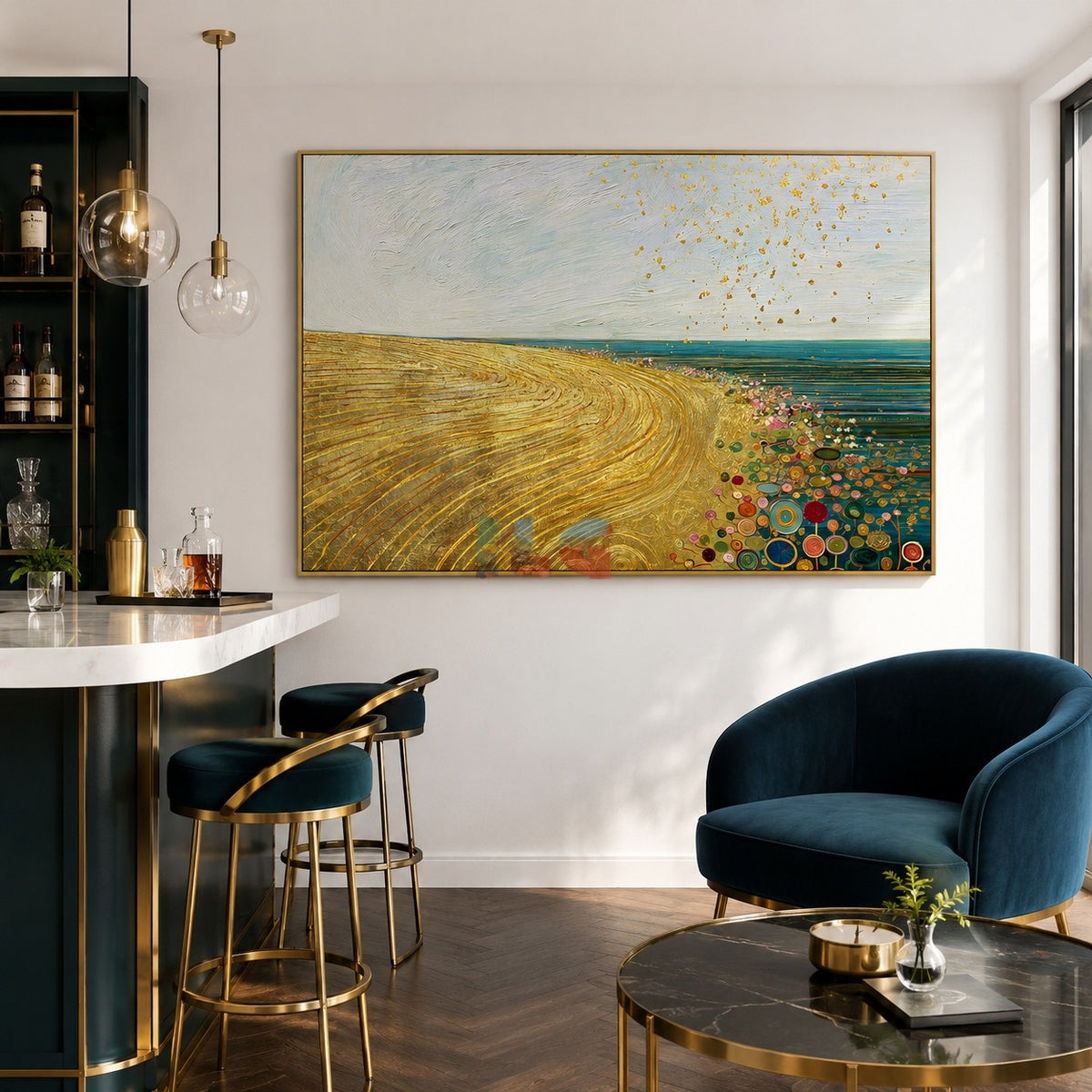 Gilded Meadow Horizon – Abstract Landscape Textured Wall Art