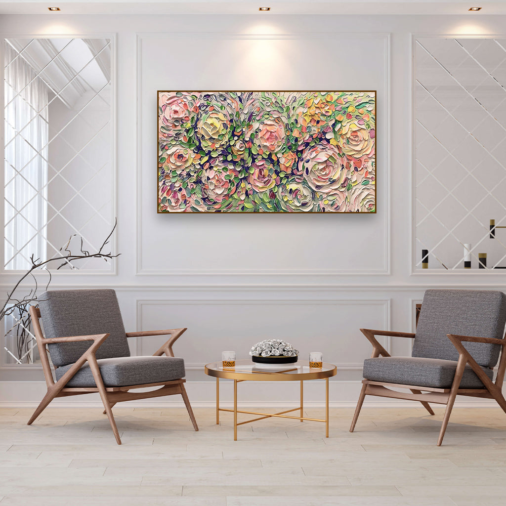 Blooming Whispers - Textured Floral Oil Painting for Living Room Wall Decor