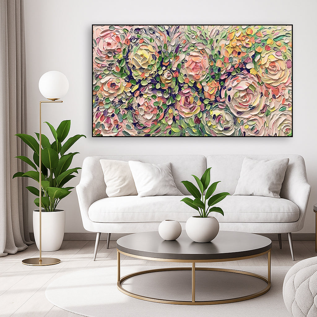 Blooming Whispers - Textured Floral Oil Painting for Living Room Wall Decor