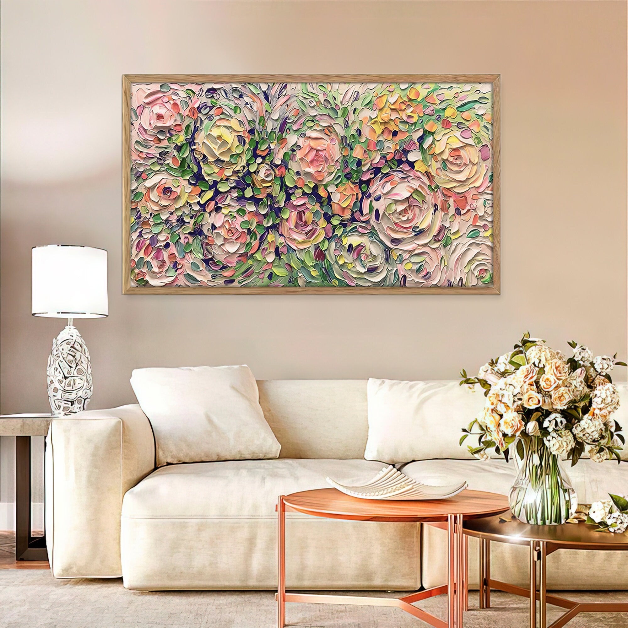 Blooming Whispers - Textured Floral Oil Painting for Living Room Wall Decor