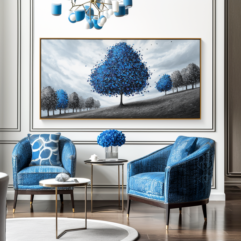 Azure Serenity - Textured Blue Tree Landscape Oil Painting