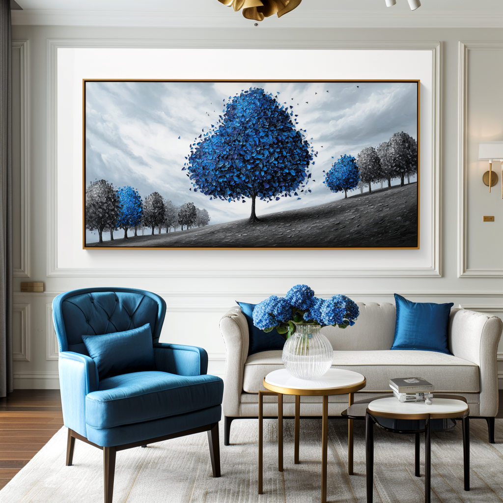 Azure Serenity - Textured Blue Tree Landscape Oil Painting