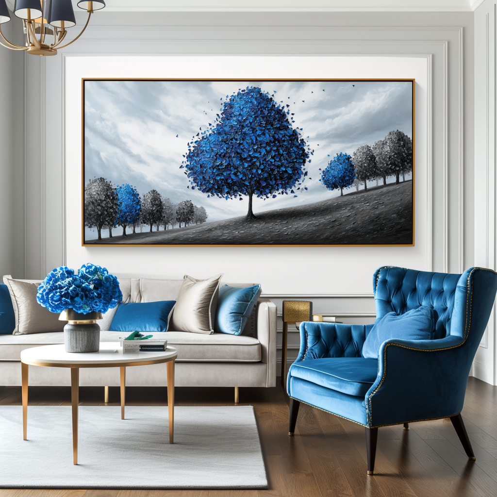 Azure Serenity - Textured Blue Tree Landscape Oil Painting