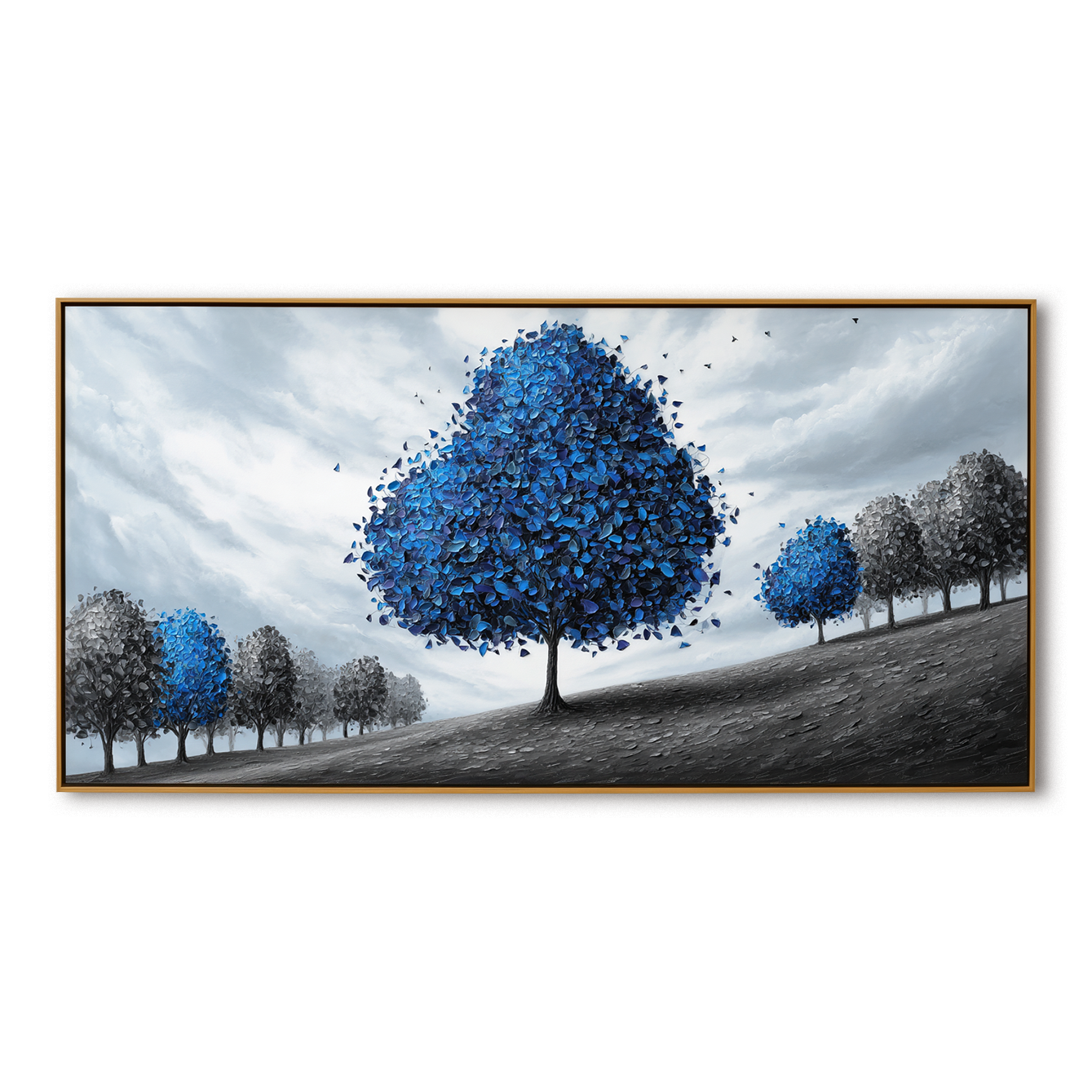 Azure Serenity - Textured Blue Tree Landscape Oil Painting