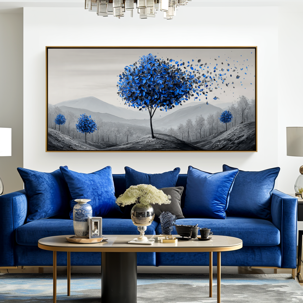 Breeze of Tranquility - Textured Blue Tree Landscape Oil Painting