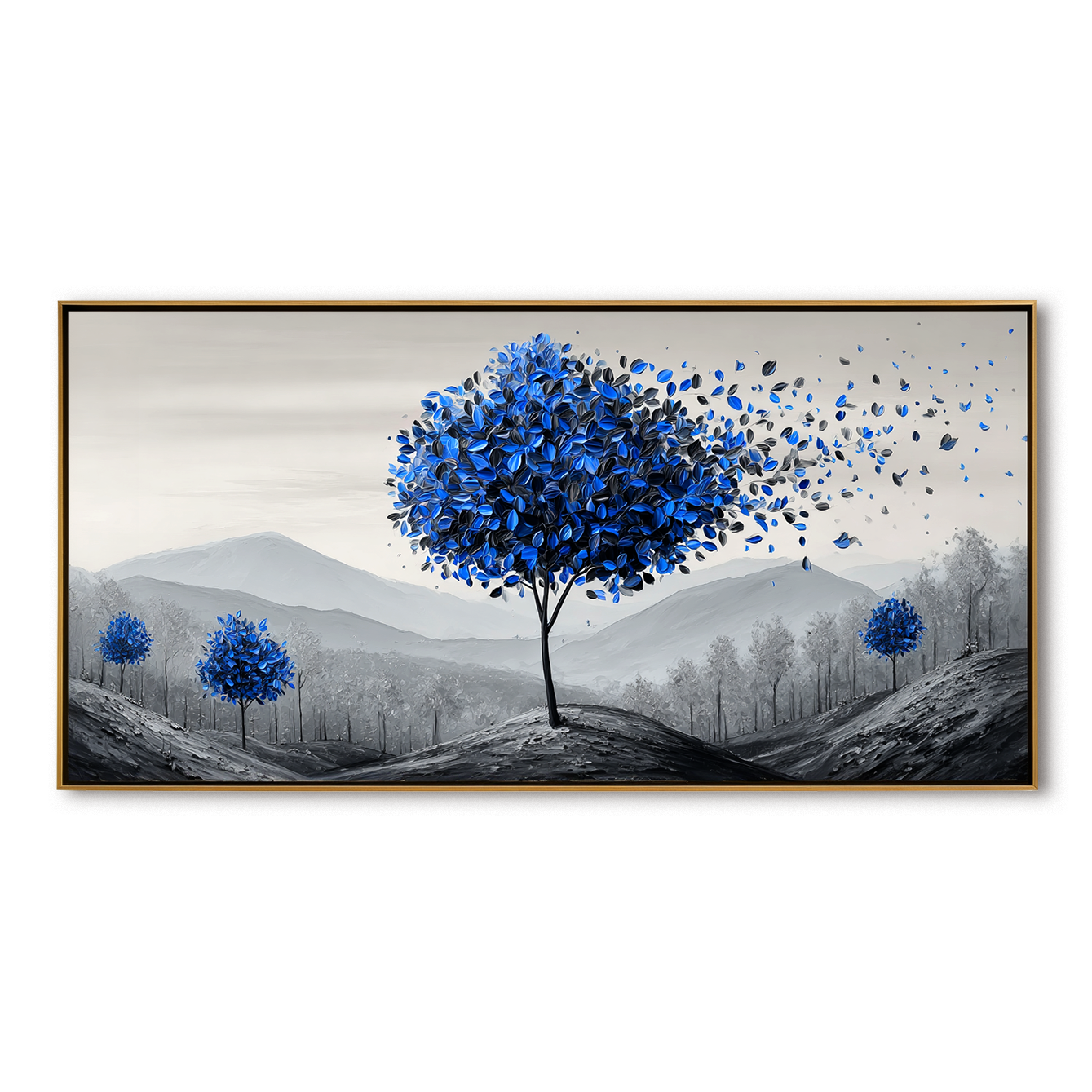 Breeze of Tranquility - Textured Blue Tree Landscape Oil Painting