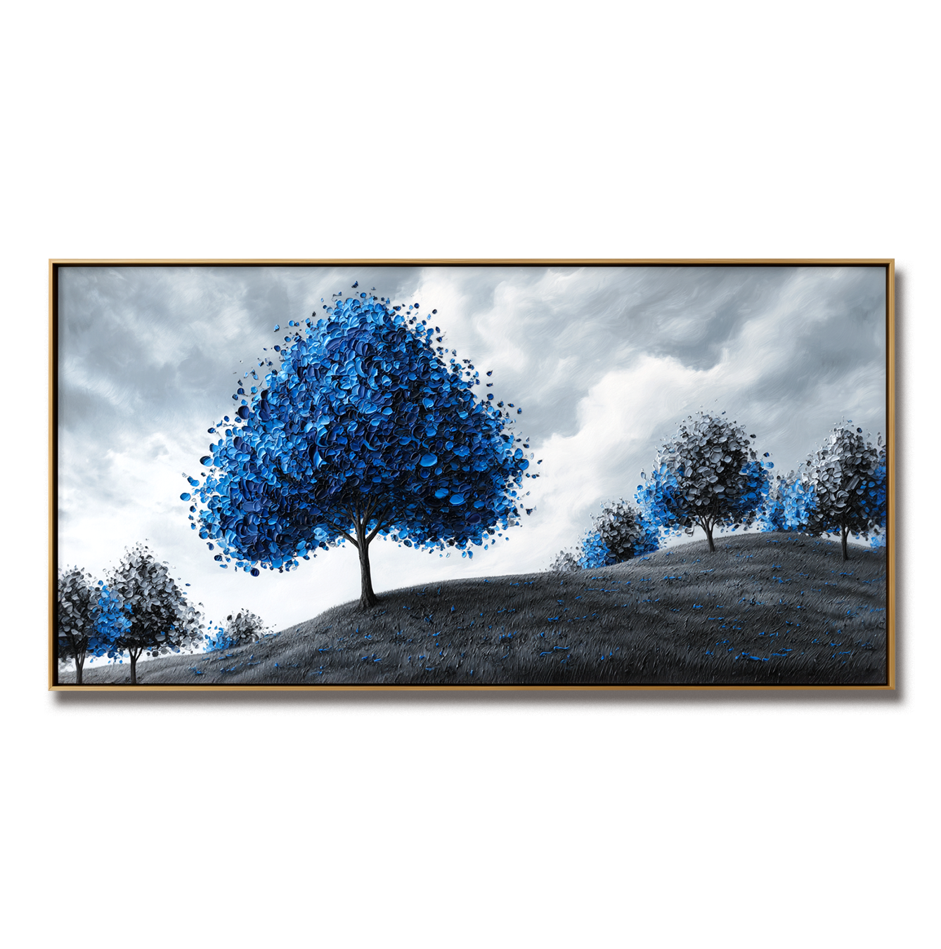 Large Textured Blue Tree Landscape Oil Painting - Hand-Painted Modern ...