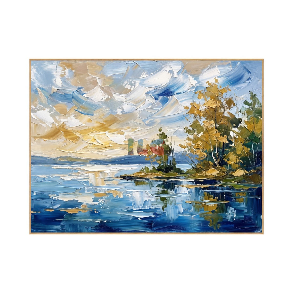 Golden Shoreline – Textured Blue Lake Landscape Wall Art