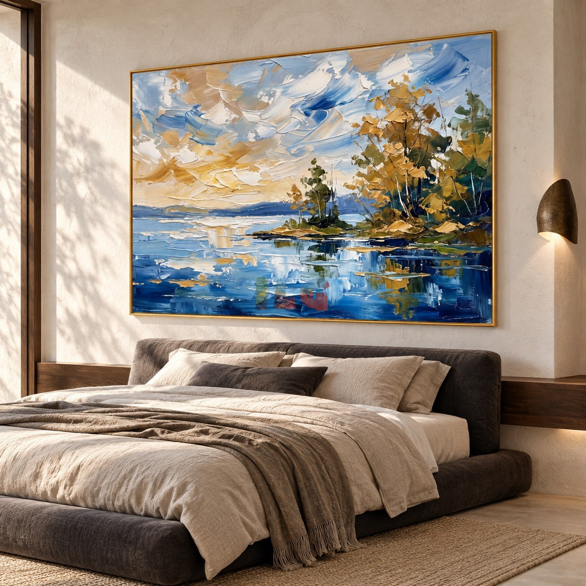 Golden Shoreline – Textured Blue Lake Landscape Wall Art
