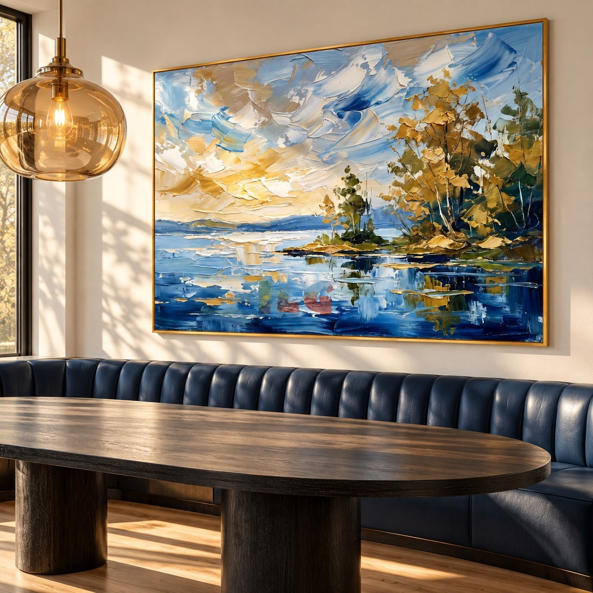 Golden Shoreline – Textured Blue Lake Landscape Wall Art
