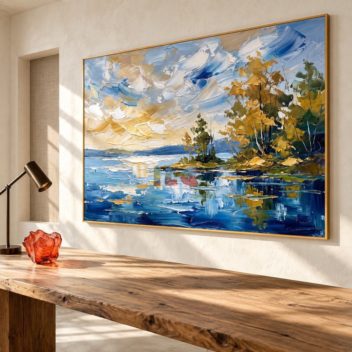 Golden Shoreline – Textured Blue Lake Landscape Wall Art