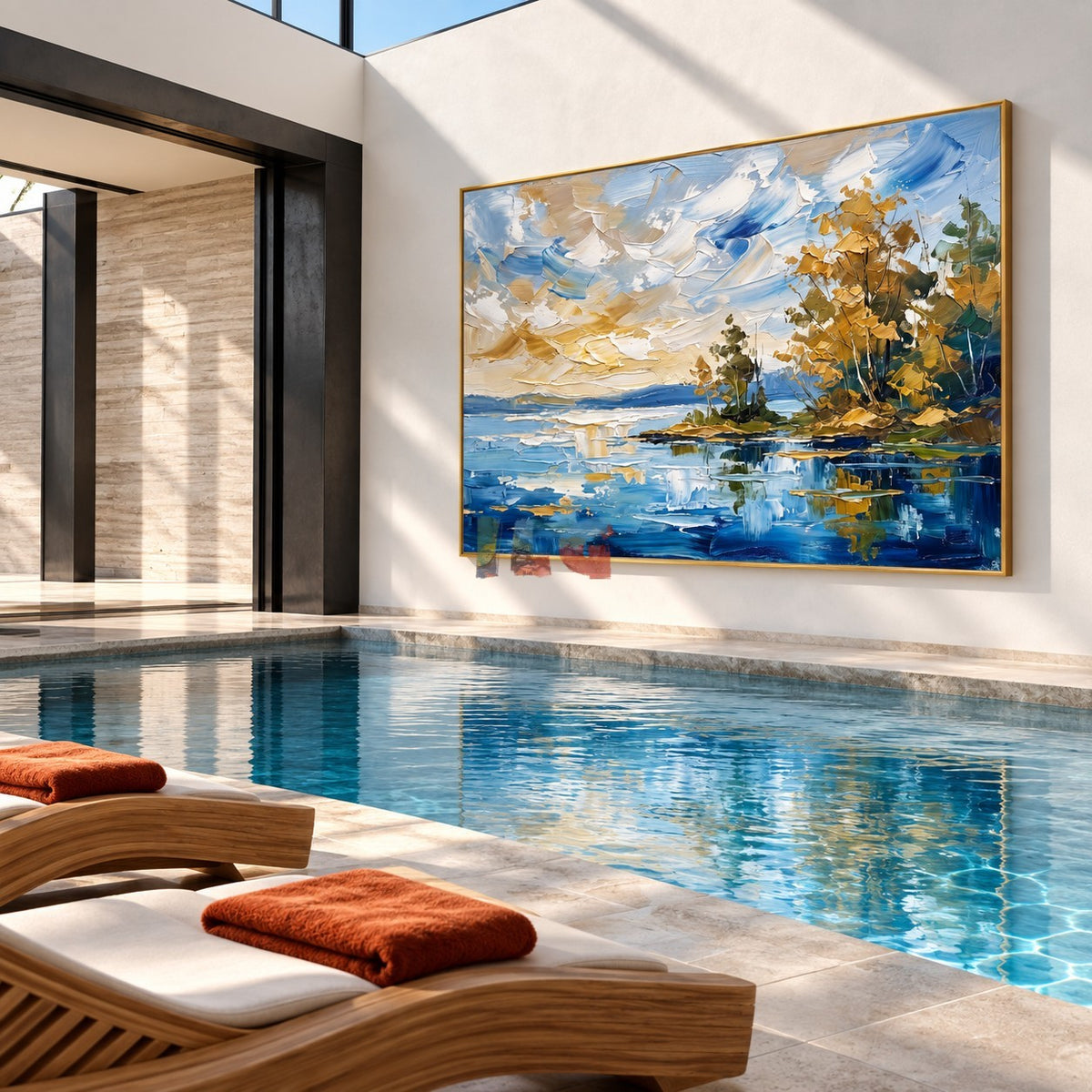 Golden Shoreline – Textured Blue Lake Landscape Wall Art