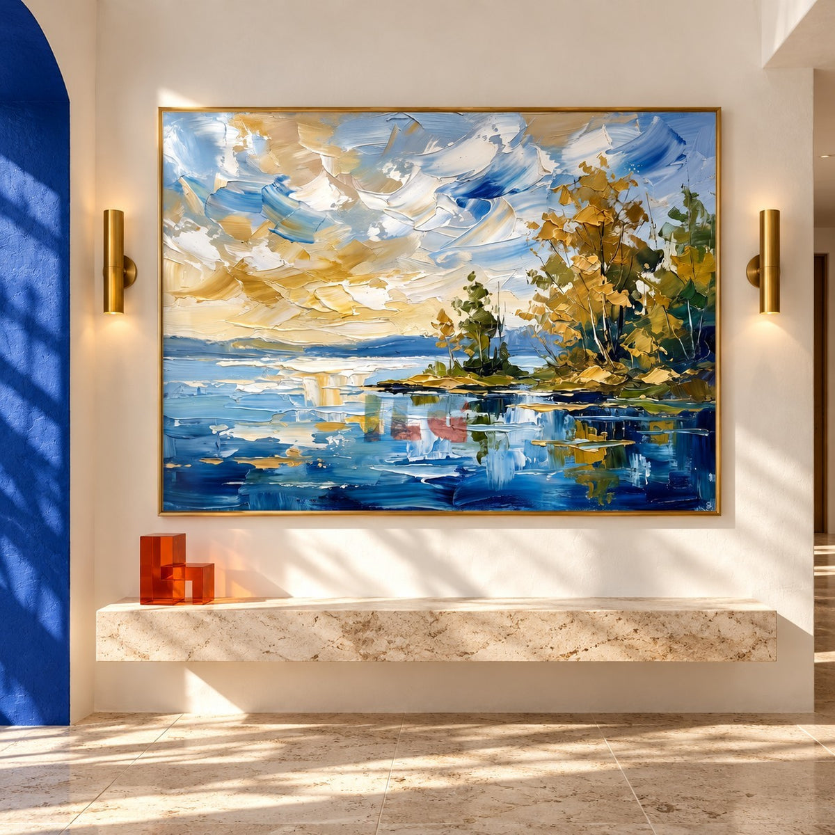 Golden Shoreline – Textured Blue Lake Landscape Wall Art