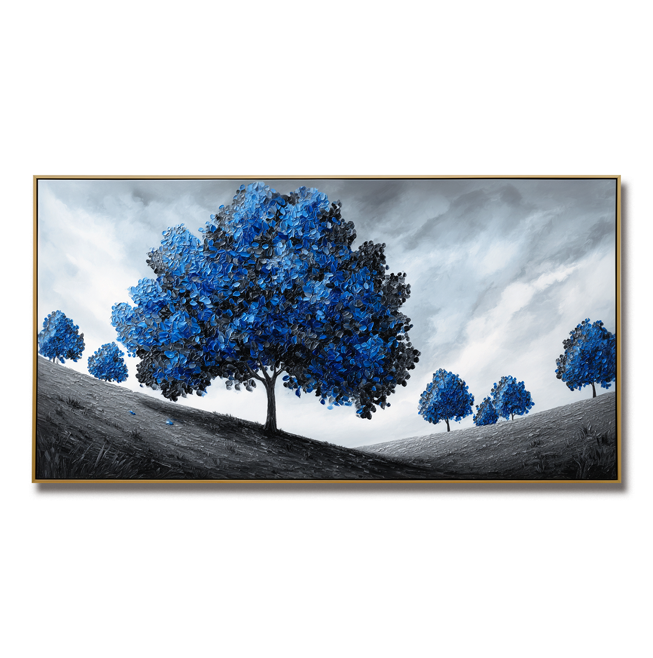 Serene Path - Textured Blue Tree Landscape Oil Painting