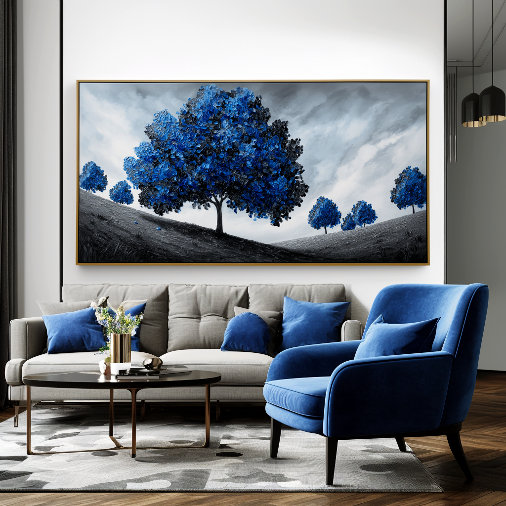 Serene Path - Textured Blue Tree Landscape Oil Painting