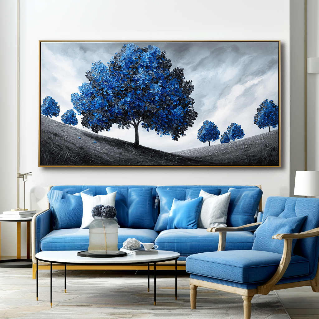 Serene Path - Textured Blue Tree Landscape Oil Painting
