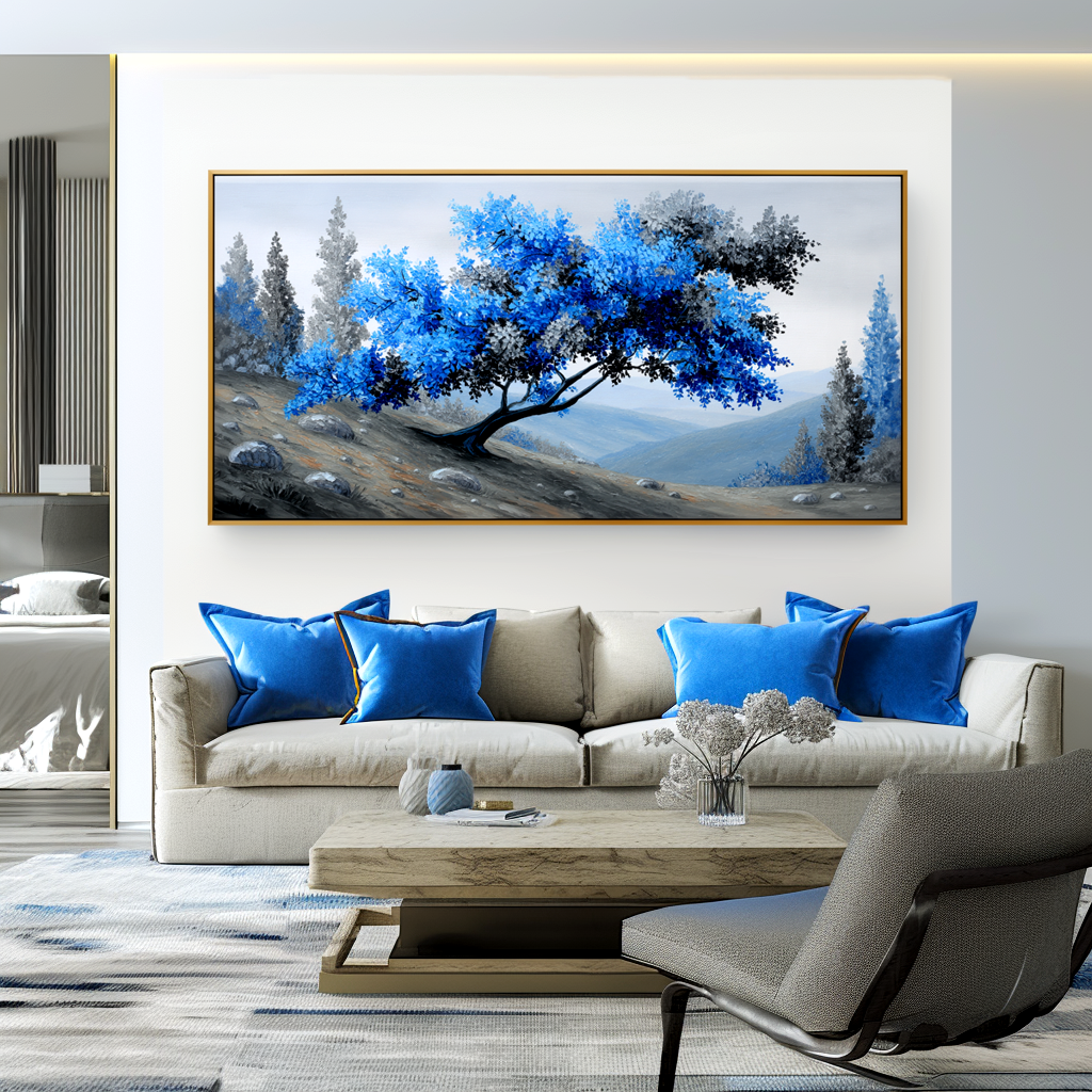 Windswept Calm - Textured Blue Tree Landscape Oil Painting