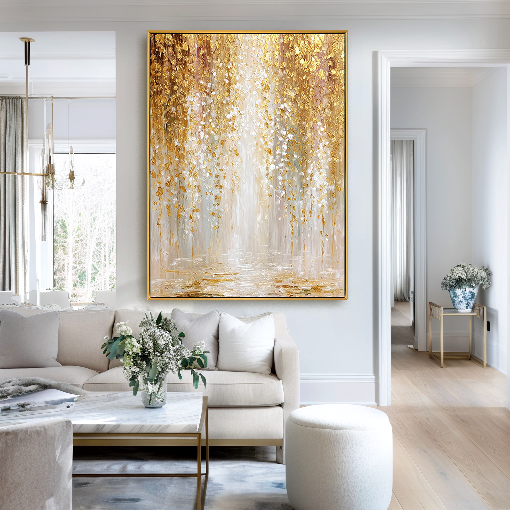 Gilded Cascade — 3D Textured Gold Abstract Wall Art, Luxury Modern Canvas