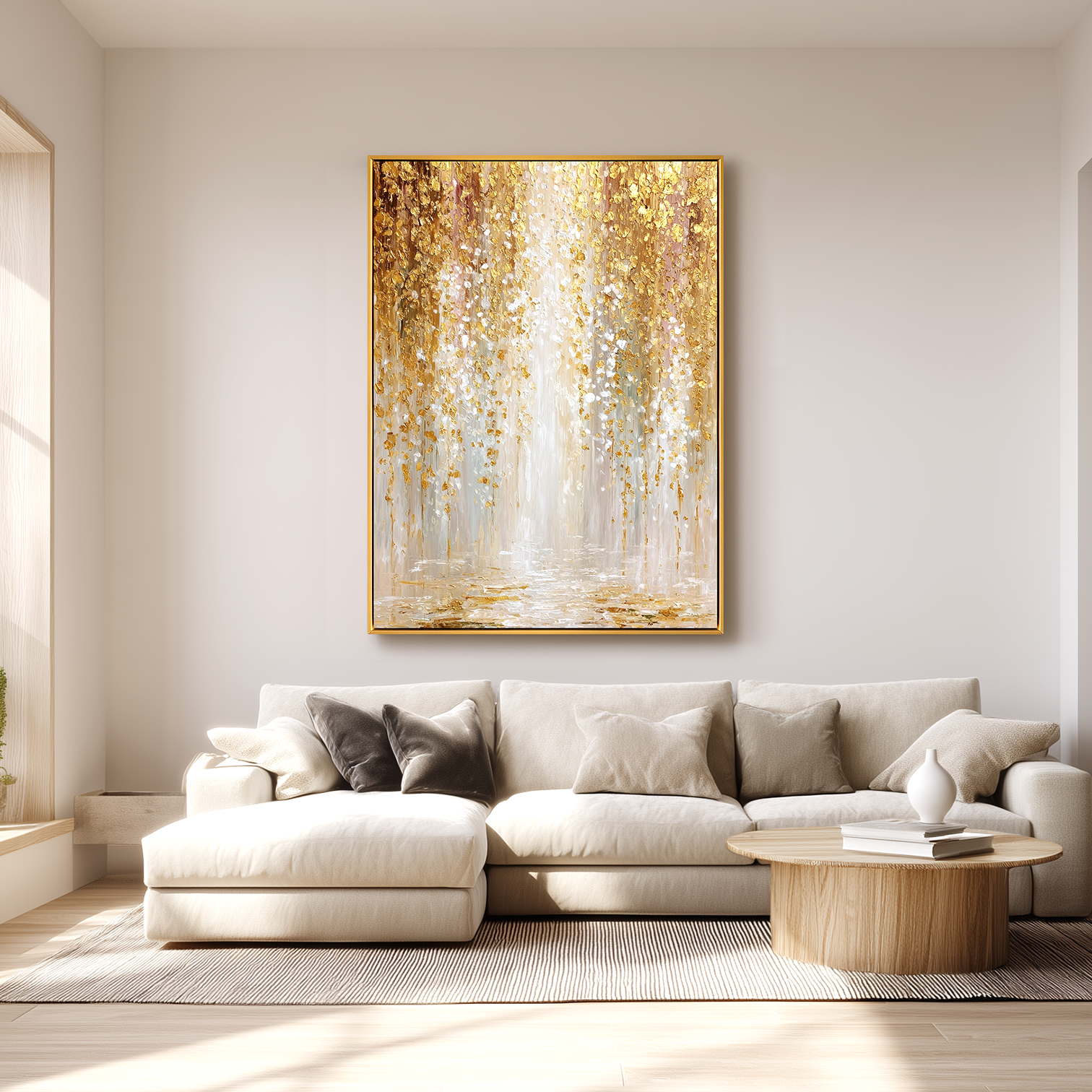 Gilded Cascade — 3D Textured Gold Abstract Wall Art, Luxury Modern Canvas