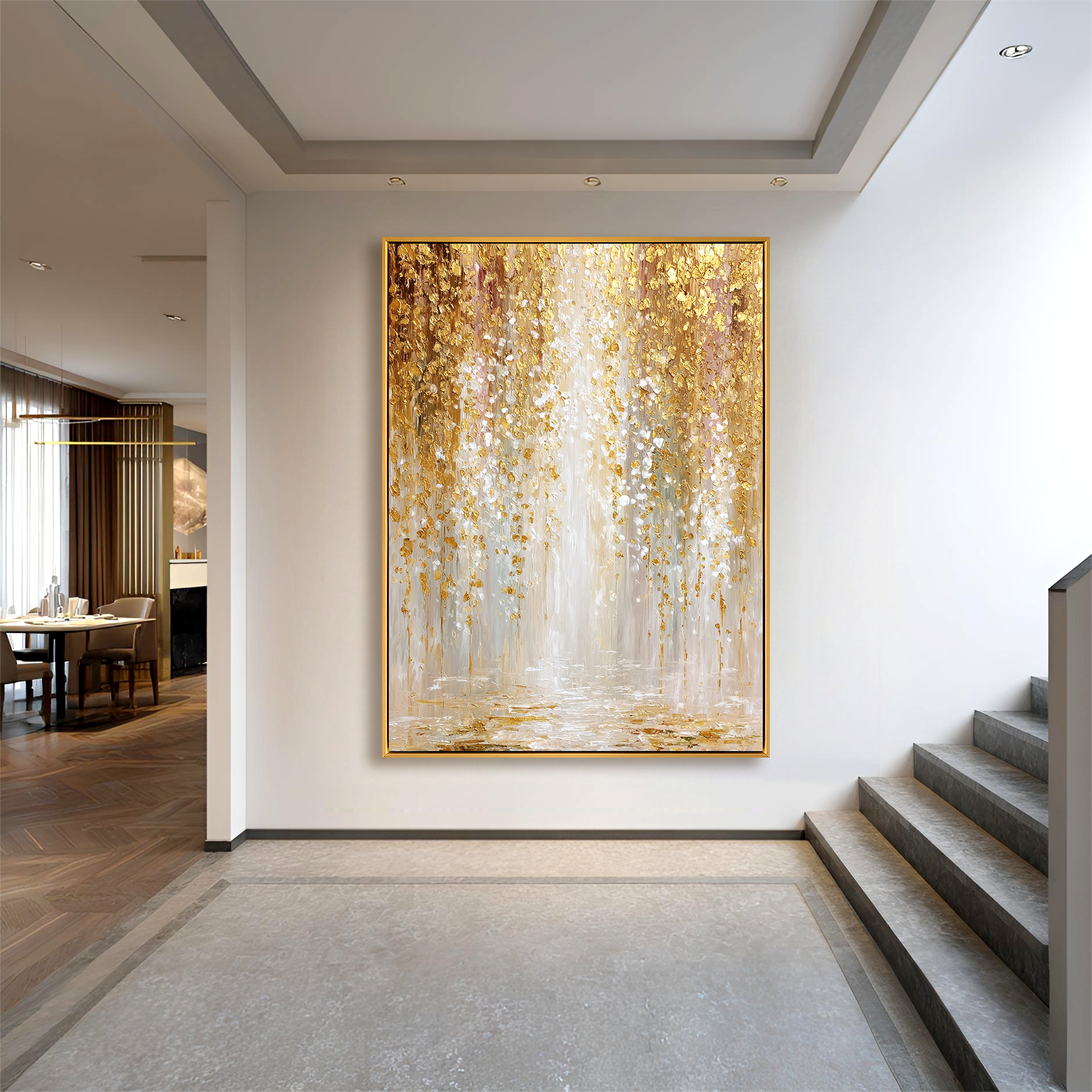 Gilded Cascade — 3D Textured Gold Abstract Wall Art, Luxury Modern Canvas