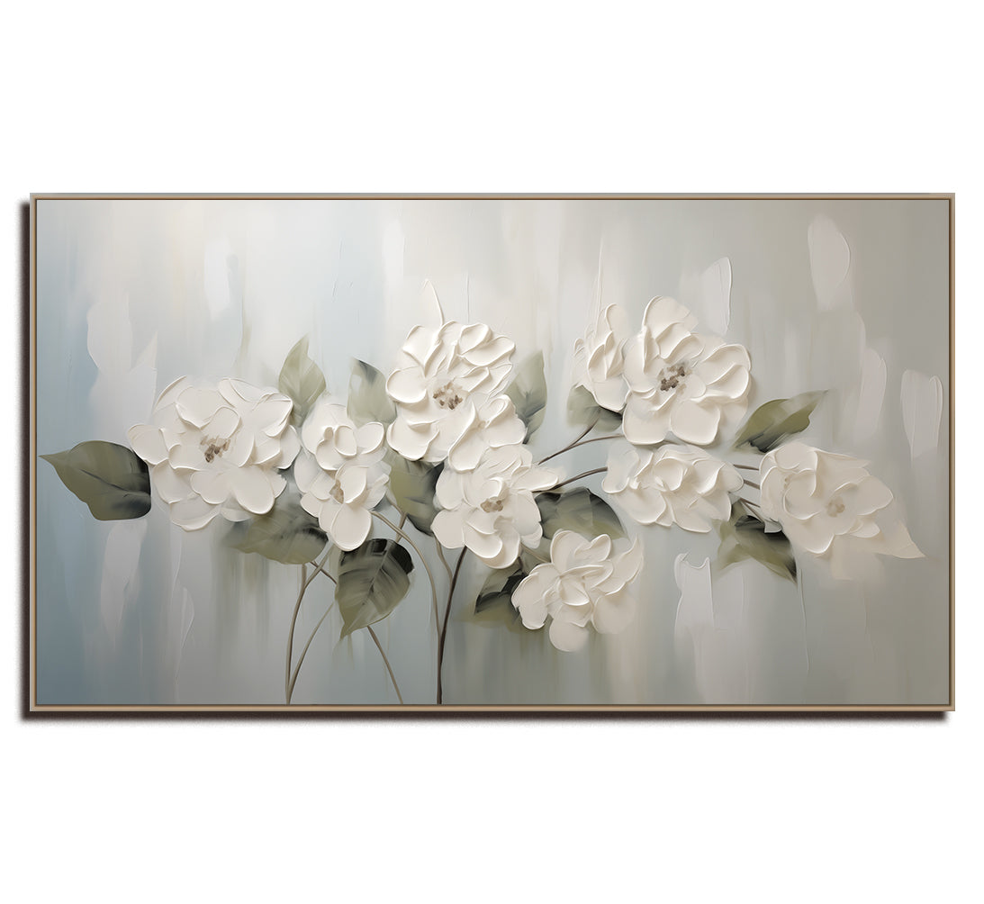Elegant White Floral Oil Painting - Framed Flower Artwork for Home Decor