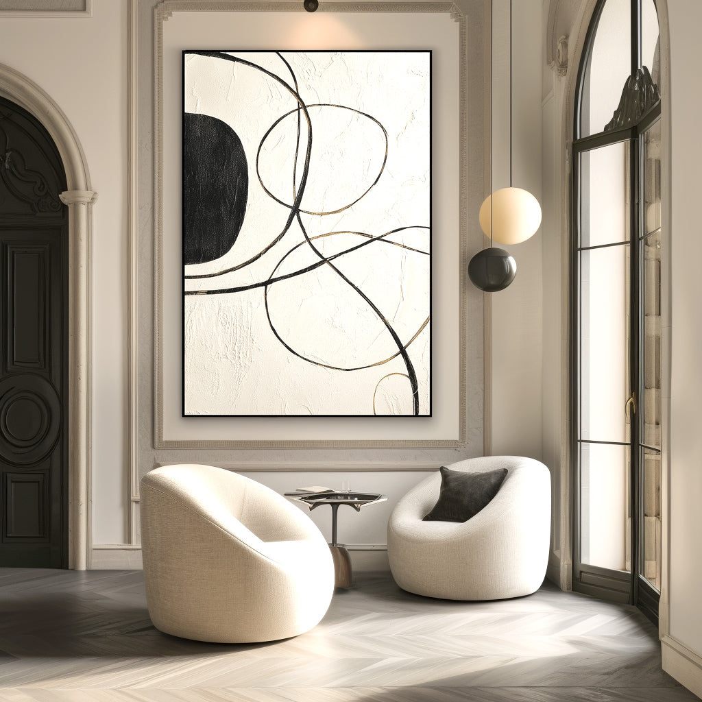 Boundless Lines - Minimalist Black and White Abstract Oil Painting, Modern Textured Wall Art