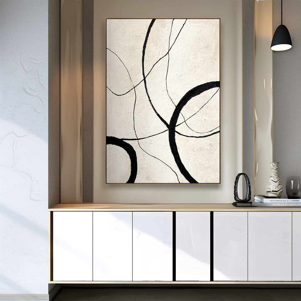 Eternal Curves - Minimalist Black and White Abstract Oil Painting, Modern Textured Wall Art