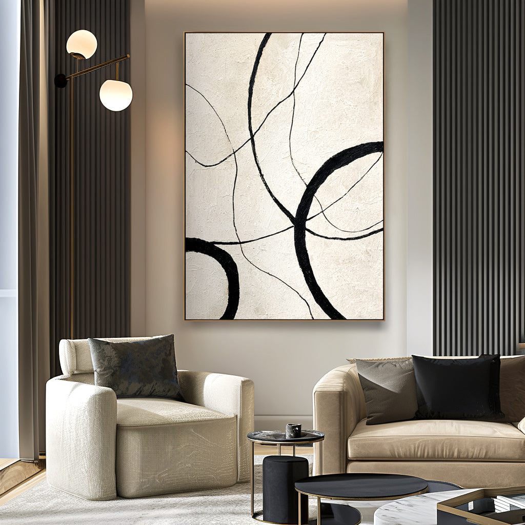 Eternal Curves - Minimalist Black and White Abstract Oil Painting, Modern Textured Wall Art