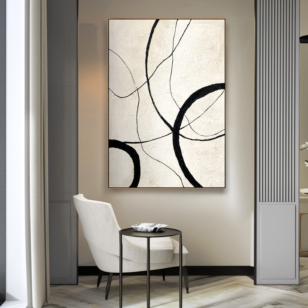 Eternal Curves - Minimalist Black and White Abstract Oil Painting, Modern Textured Wall Art