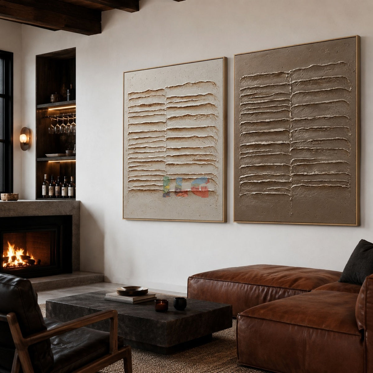 Folded Earth Lines Pair – Abstract Wabi-Sabi Relief Wall Art