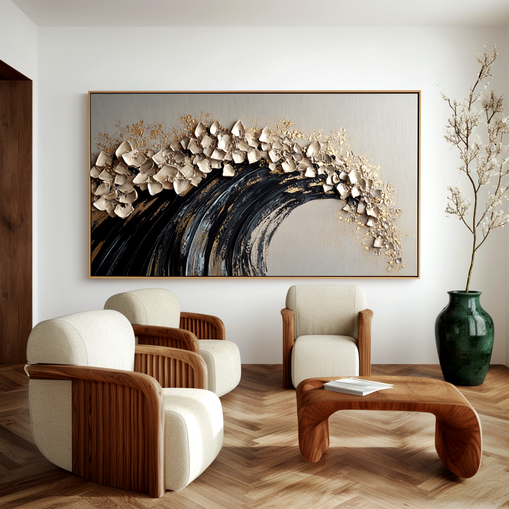 Gilded Break – Textured Abstract Wave Wall Art
