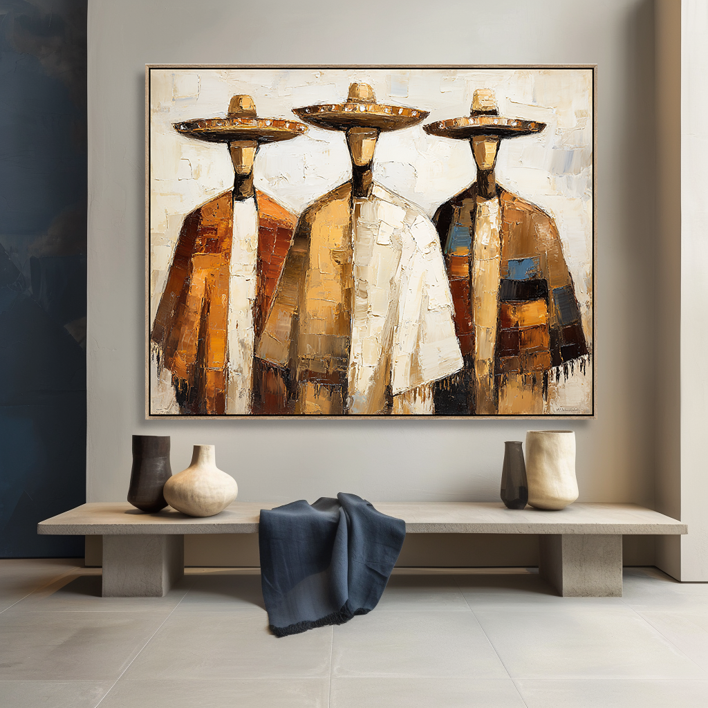 Golden Companions – Southwestern Abstract Figure Wall Art Textured Oil Painting