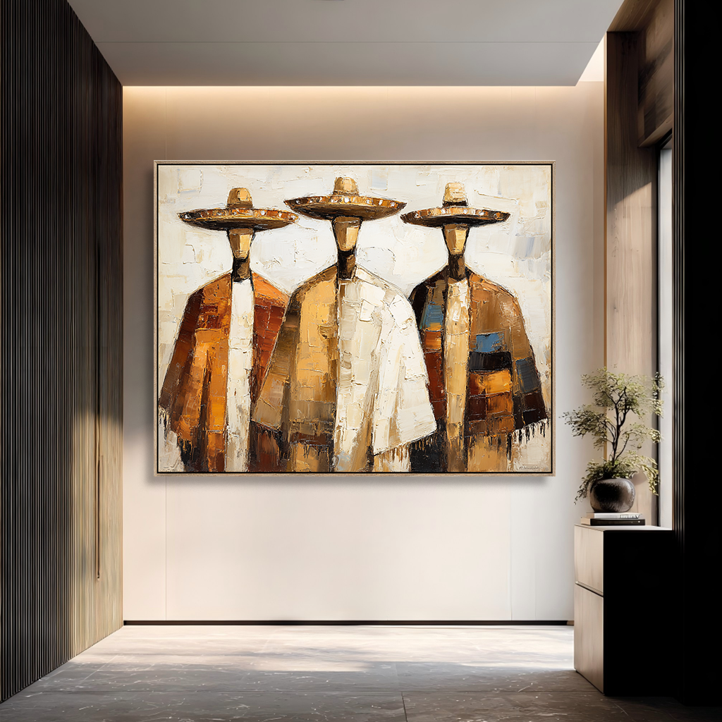 Golden Companions – Southwestern Abstract Figure Wall Art Textured Oil Painting