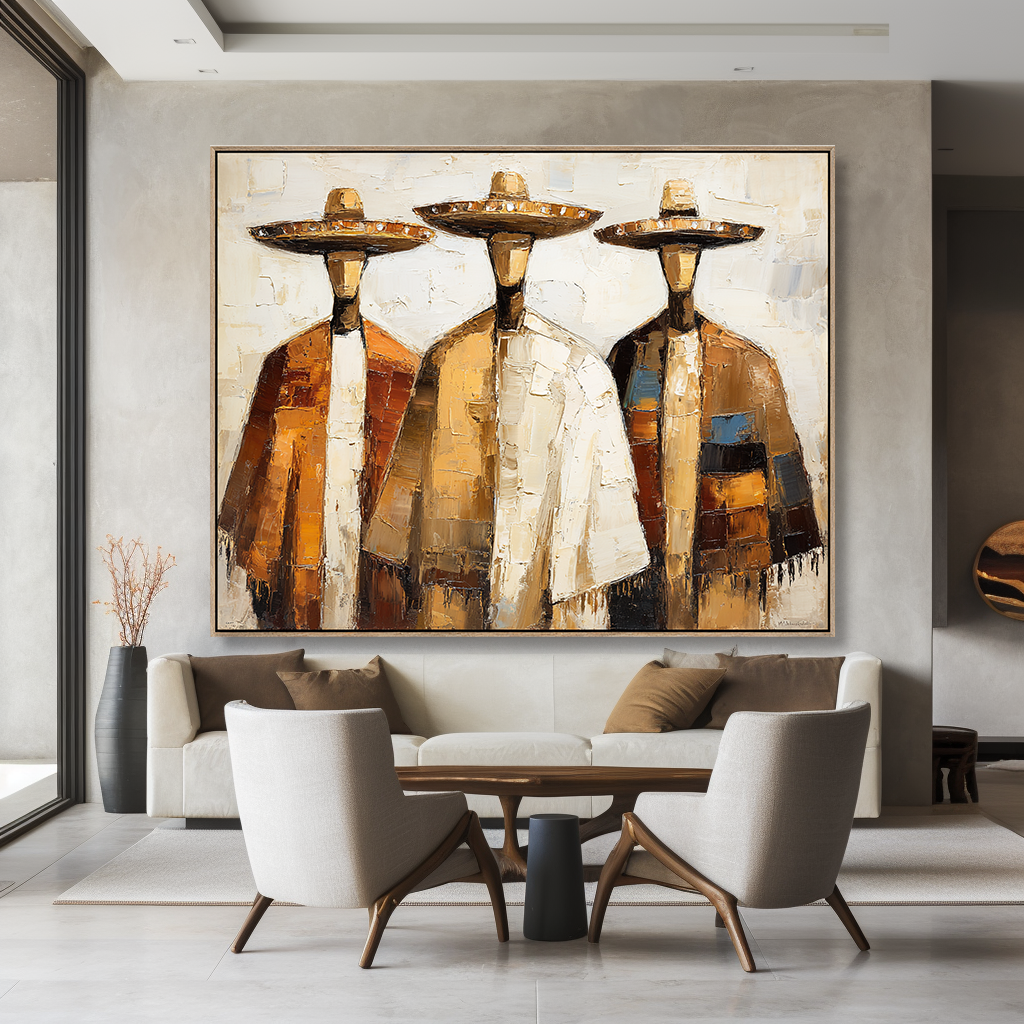 Golden Companions – Southwestern Abstract Figure Wall Art Textured Oil Painting