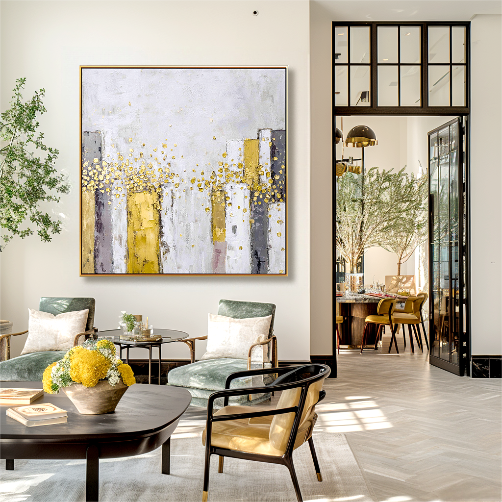 Golden Radiance - Abstract Gold Leaf Oil Painting, Textured Modern Canvas Wall Art