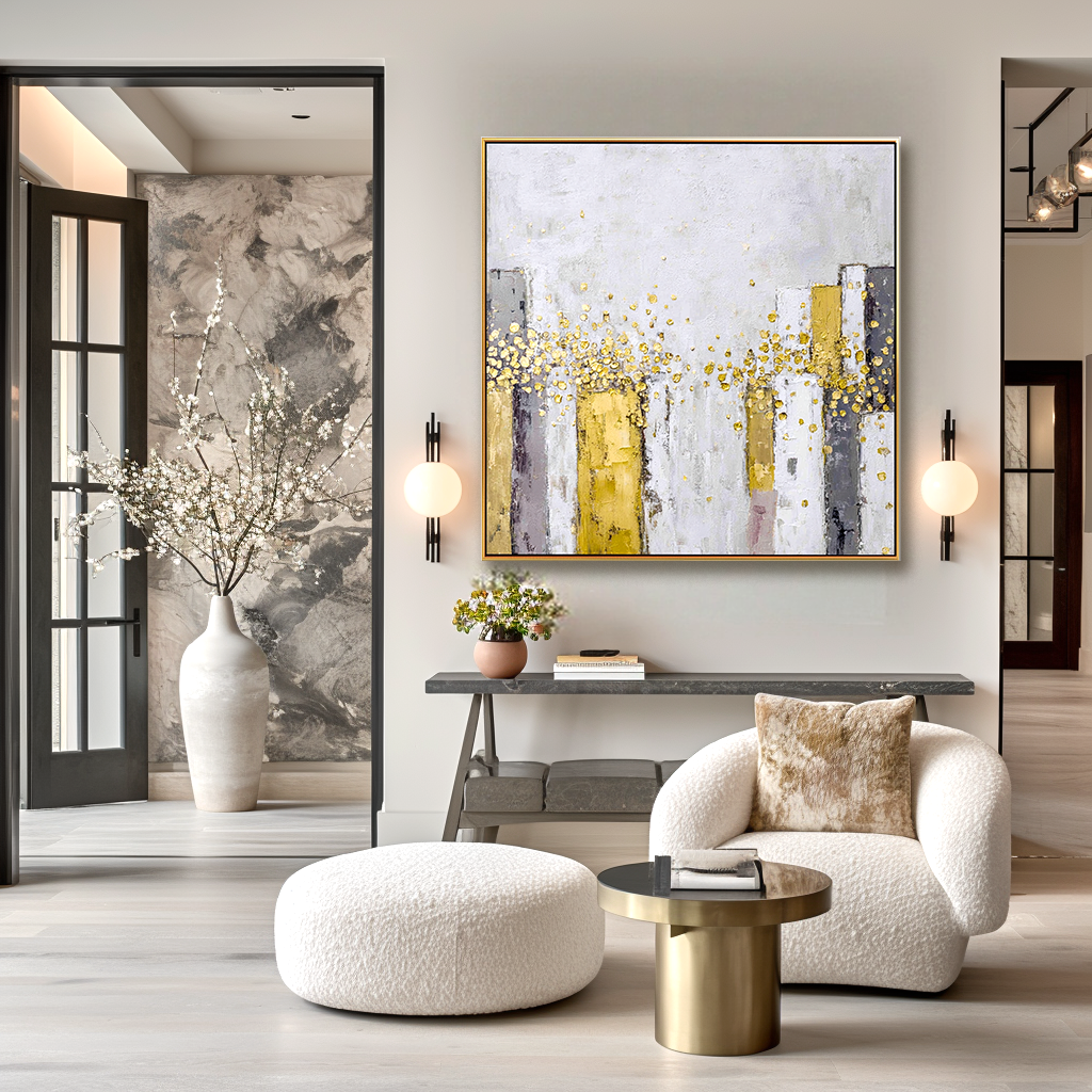 Golden Radiance - Abstract Gold Leaf Oil Painting, Textured Modern Canvas Wall Art