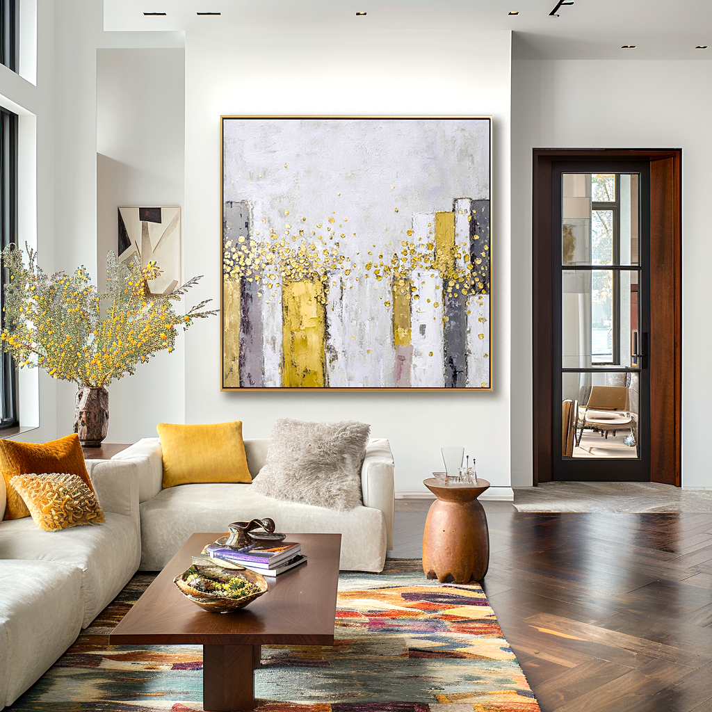 Golden Radiance - Abstract Gold Leaf Oil Painting, Textured Modern Canvas Wall Art