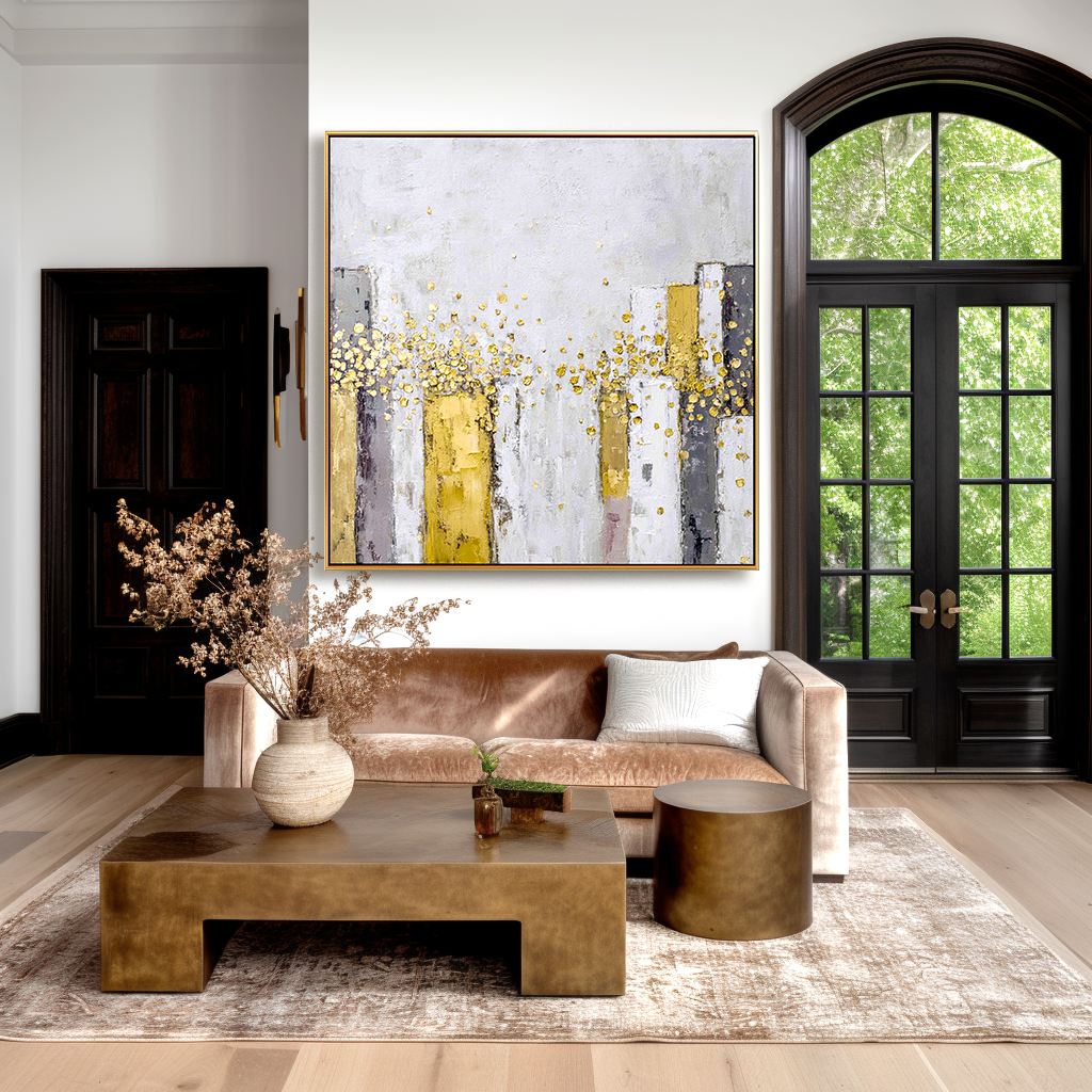 Golden Radiance - Abstract Gold Leaf Oil Painting, Textured Modern Canvas Wall Art