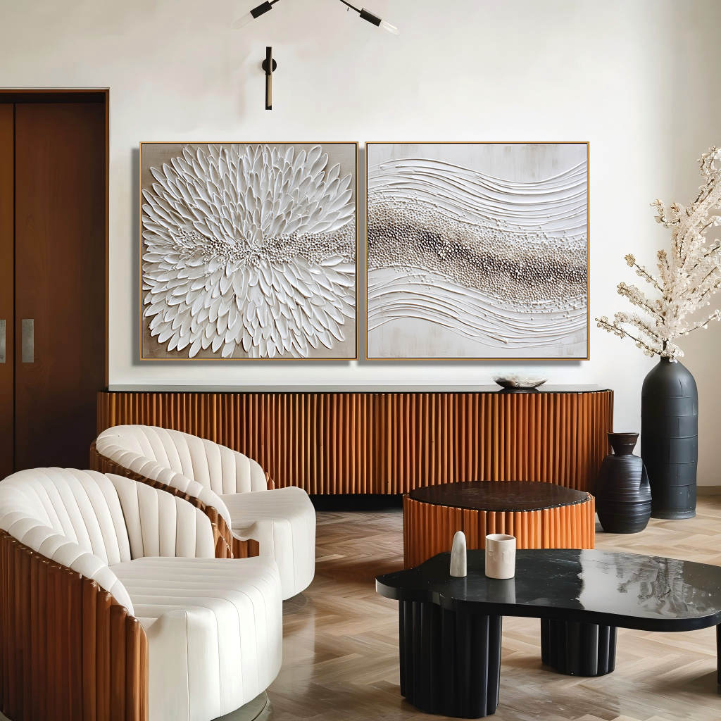 Quiet Bloom Rhythm – Textured Abstract Diptych Wall Art