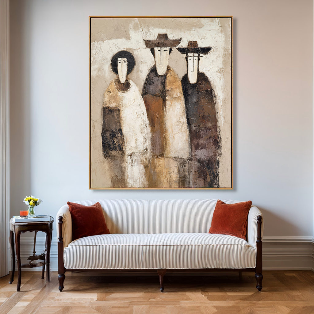Quiet Companions – Modern Abstract Figure Wall Art – Neutral Contemporary Oil Painting
