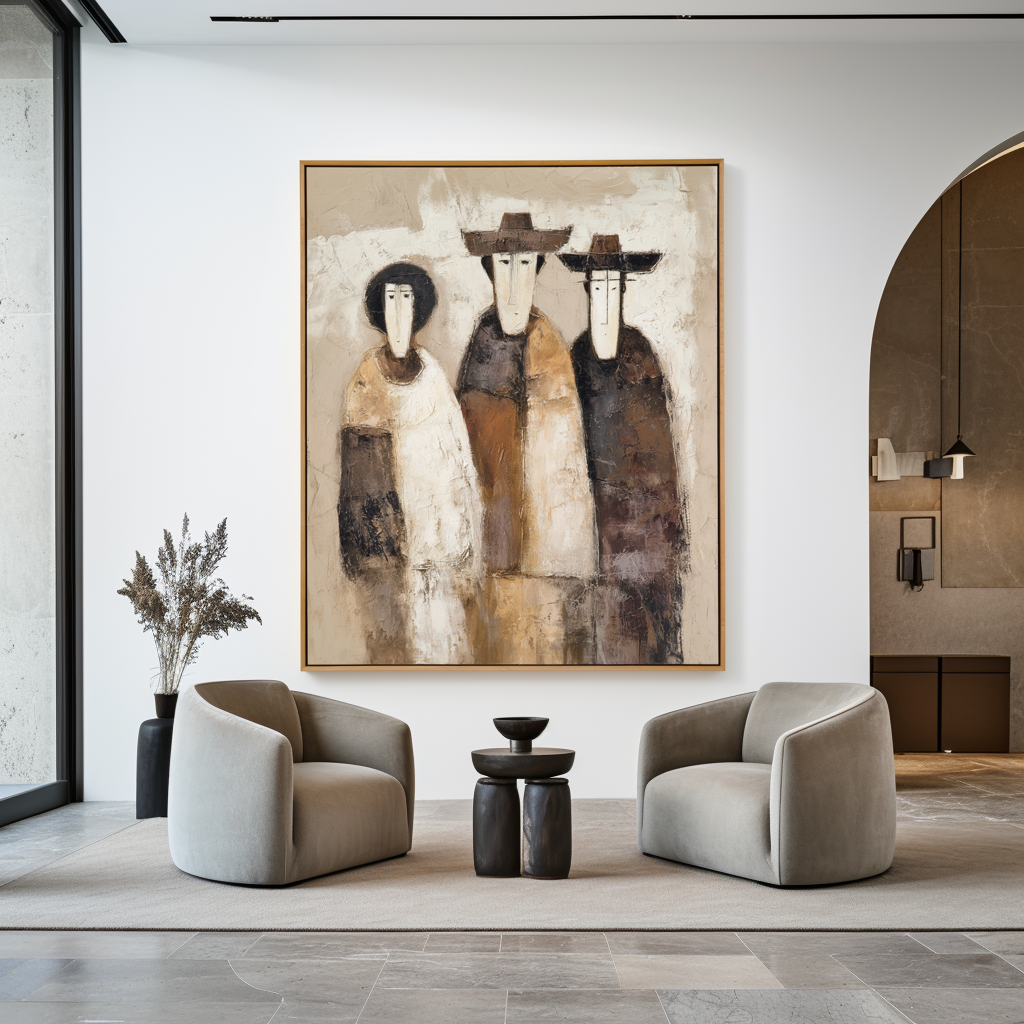 Quiet Companions – Modern Abstract Figure Wall Art – Neutral Contemporary Oil Painting