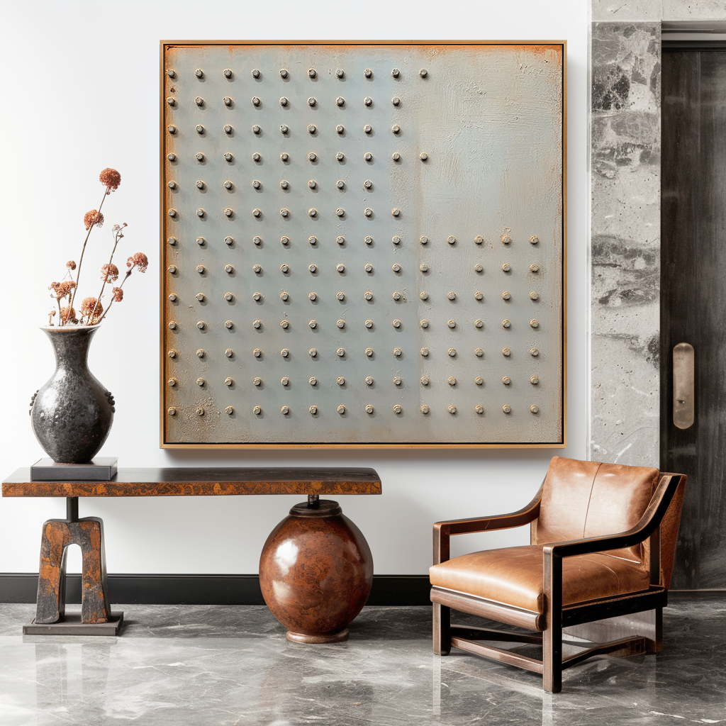 Silent Grid - Minimalist Industrial Abstract Oil Painting