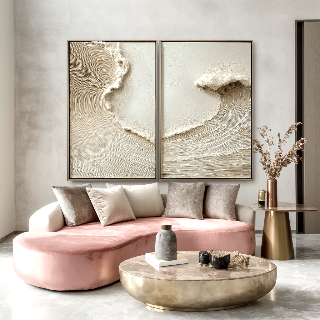 Tidal Whispers – Textured Minimalist Coastal Wave Diptych